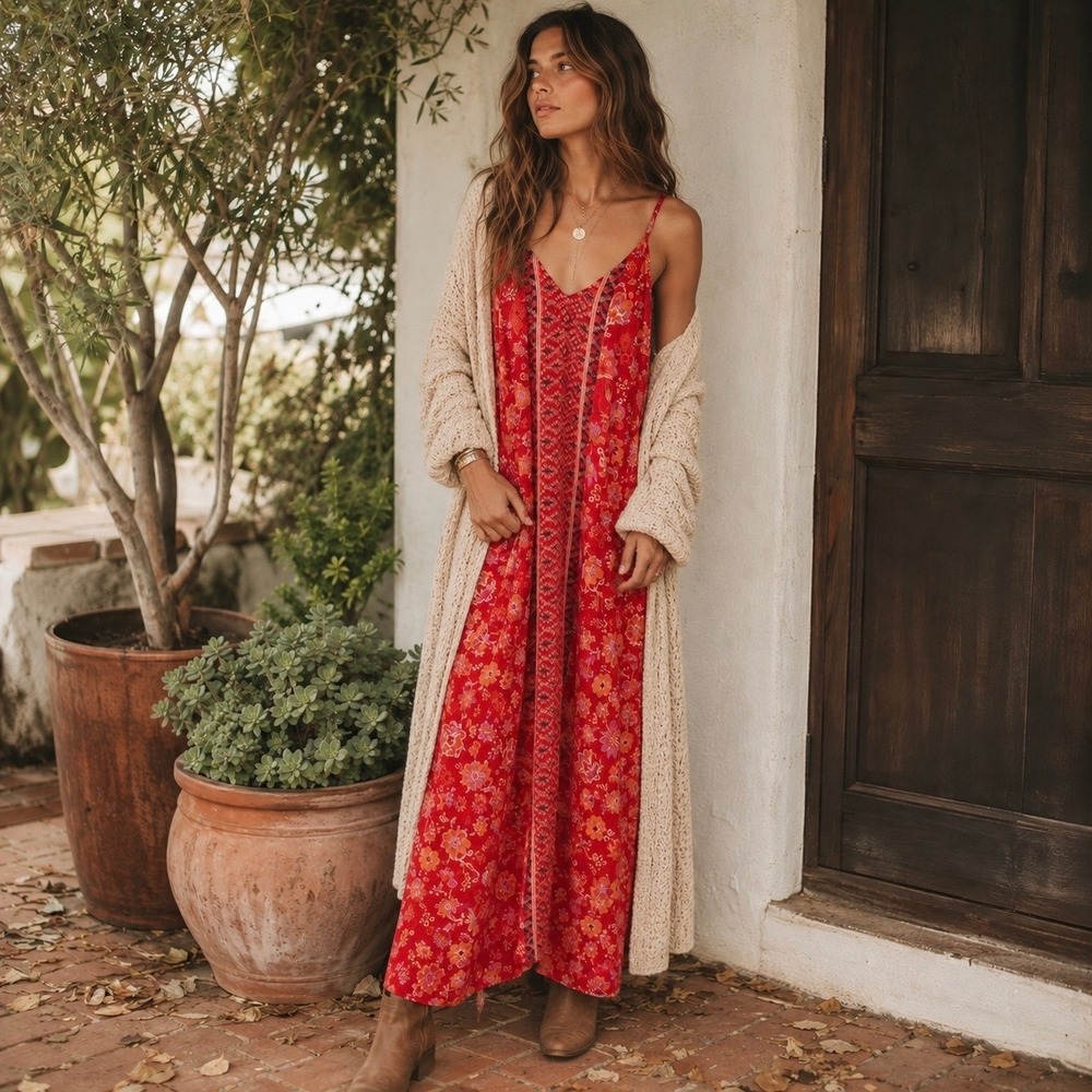 NWT Liverpool Floral Flowy Maxi Dress Red Orange Bohemian Resort Pockets Sz L - Picture 2 of 14